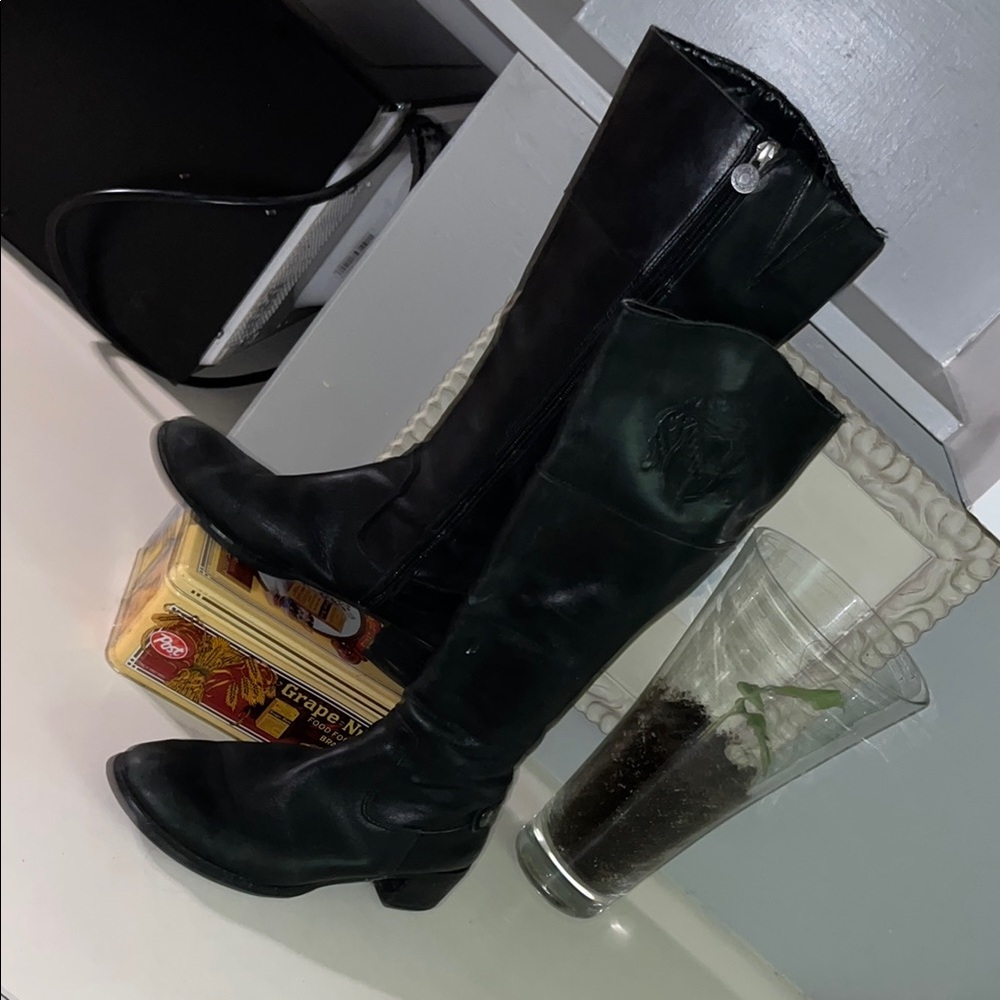 Sleek Black Over the Knee Boots with Side Zipper and Block Heel Franco Sarto